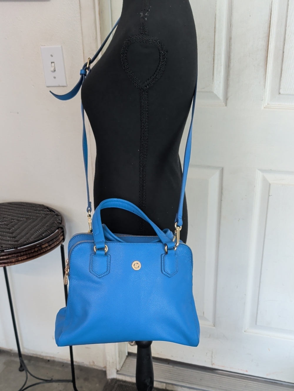 Ora Delphine Blue Pebbled Leather Crossbody Bag Gold Tone Hardware